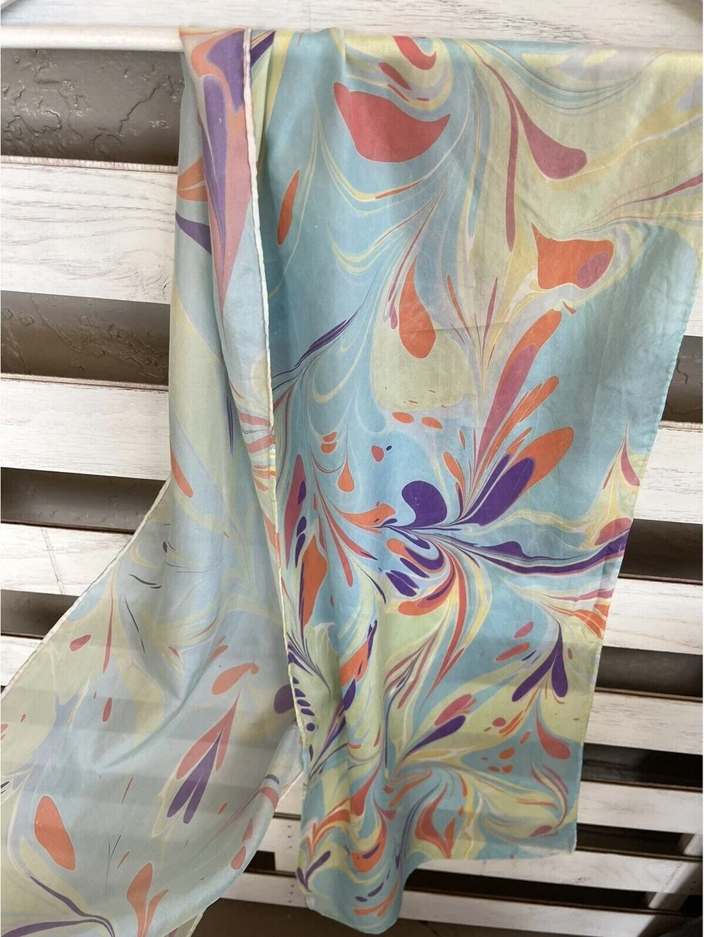 Women's Silk Rectangle Pastel Blue Orange Scarf Size 68”x14”